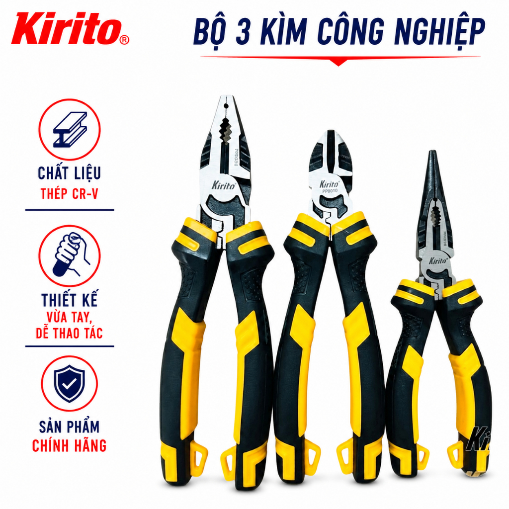 Bộ 3 Kìm Công Nghiệp Cao Cấp Kirito - Thép CR-V Siêu Bền - Hỗ Trợ  Lực Cắt, Kìm Vàng Đen Kirito