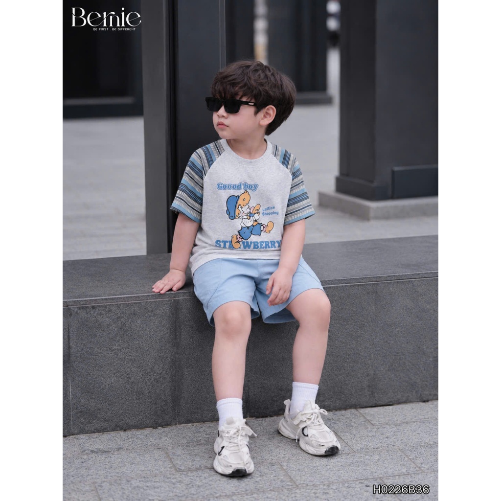 (Hãng Bernie)Bộ quần áo hè cộc tay GOOD BOY phối viền tay cổ chất vải cotton co giãn phối quần kaki mềm mại cho bé