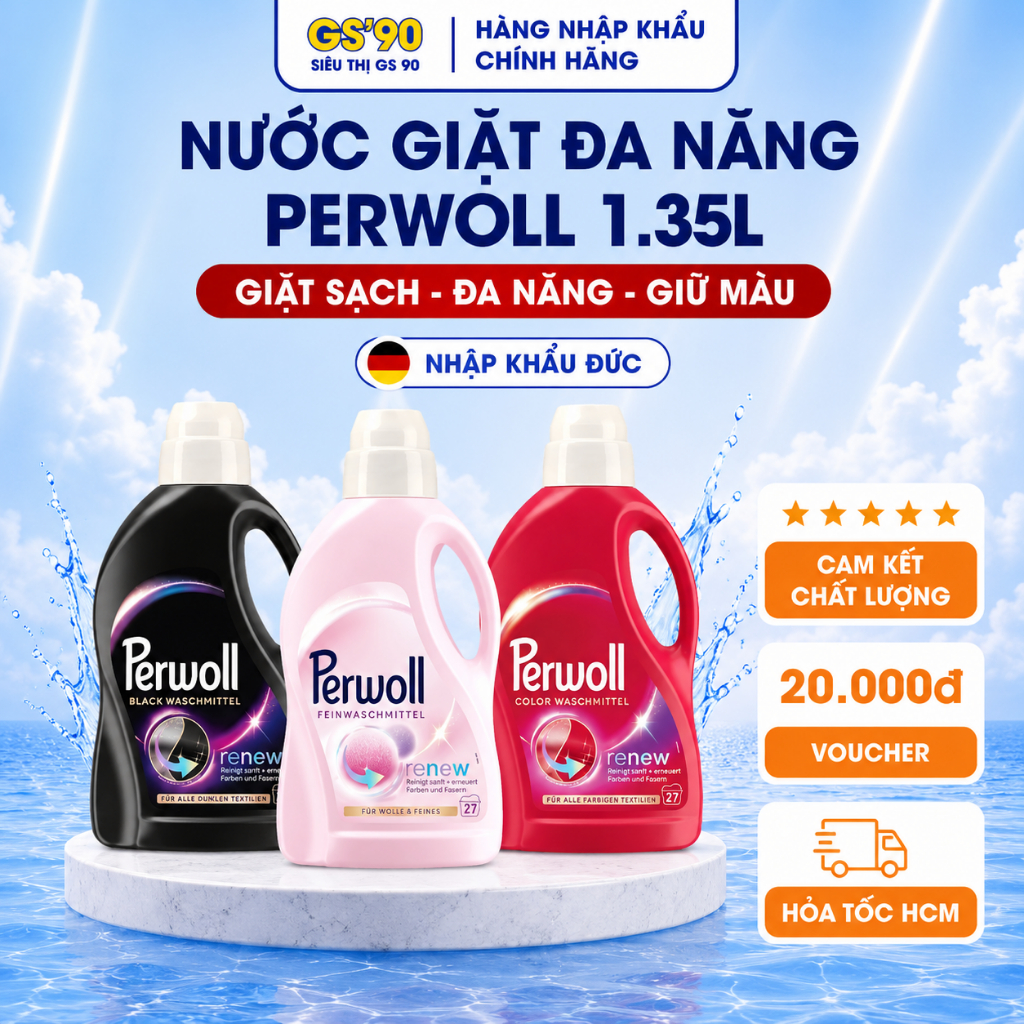 Nước Giặt Perwoll Đức 1.35 Lít Khôi Phục Và Giữ Màu Quần Áo, Hạn Chế Nhăn, Bảo Vệ Sợi Len Lụa
