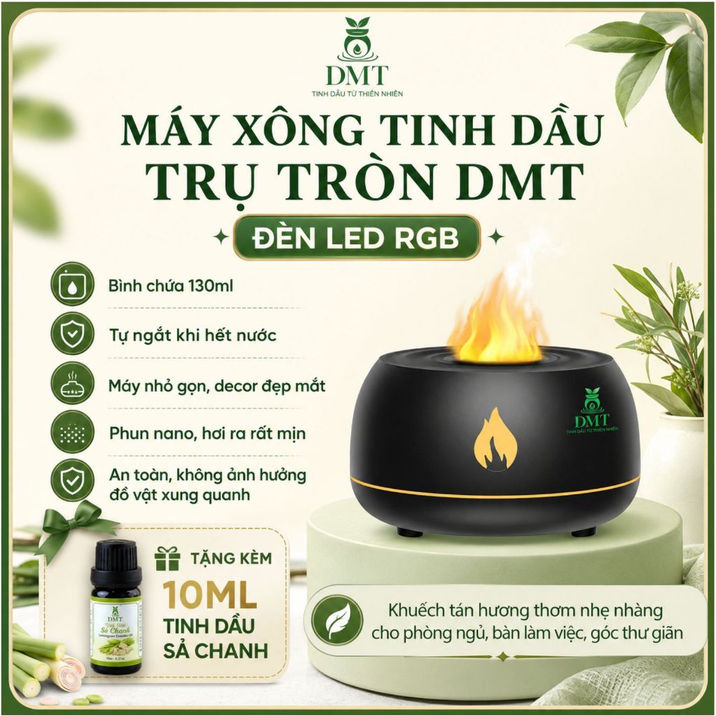 Máy xông tinh dầu phòng ngủ trụ tròn DMT - máy khuếch tán tinh dầu phòng ngủ, tạo ẩm 130ml