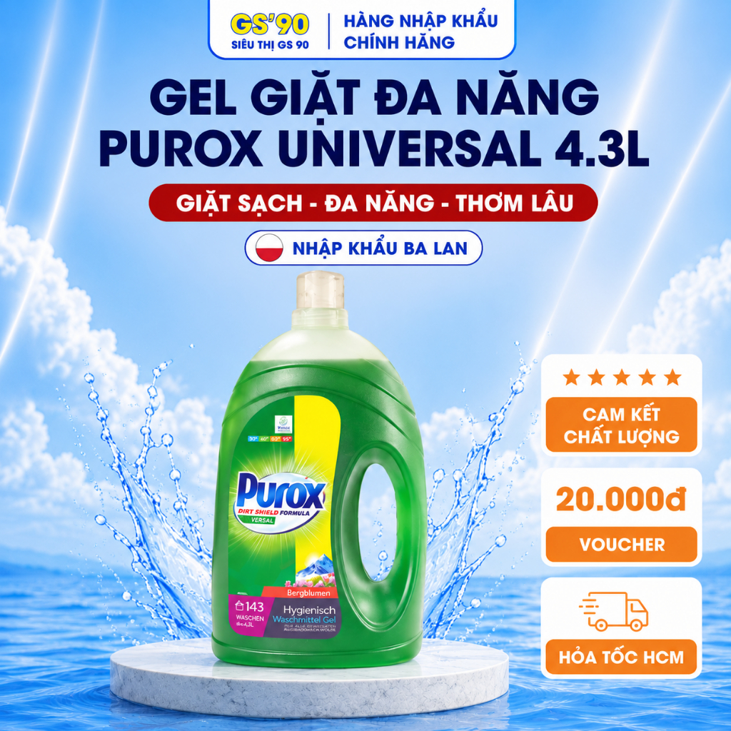 [MUA 1 TẶNG 1] Nước Giặt Gel Giặt Đa Năng PUROX 4.3L công thức đậm đặc đánh bay vết bẩn hiệu quả