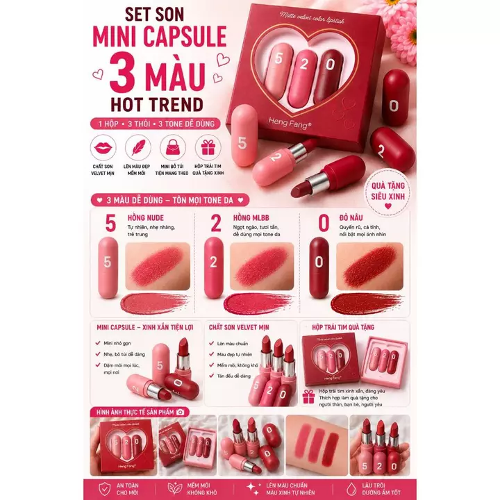SET SON MINI CAPSULE 520 3 MÀU DỄ DÙNG | Son Môi Mini Velvet Mềm Mịn Hộp Trái Tim Quà Tặng