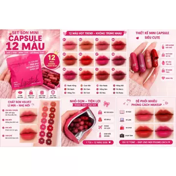 Set Son Mini Capsule Magic Casa 12 Màu Son Môi Mini | Son Lì Velvet Cute Lâu Trôi Trendy