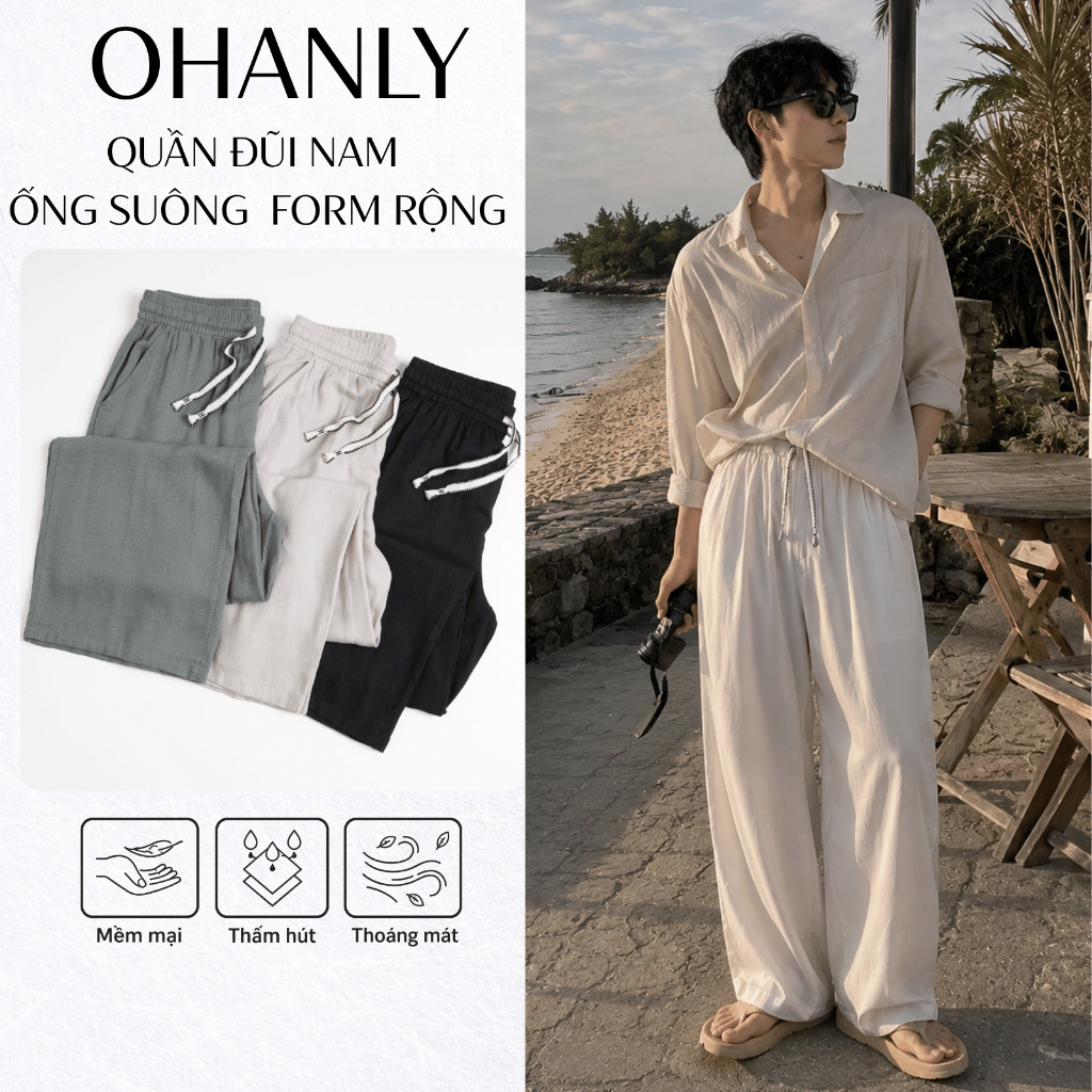 Quần Đũi Nam Ống Suông OHANLY Dây Rút Lưng Thun Thoáng Mát Form Rộng Hàn Quốc Đi Biển Size M-XL