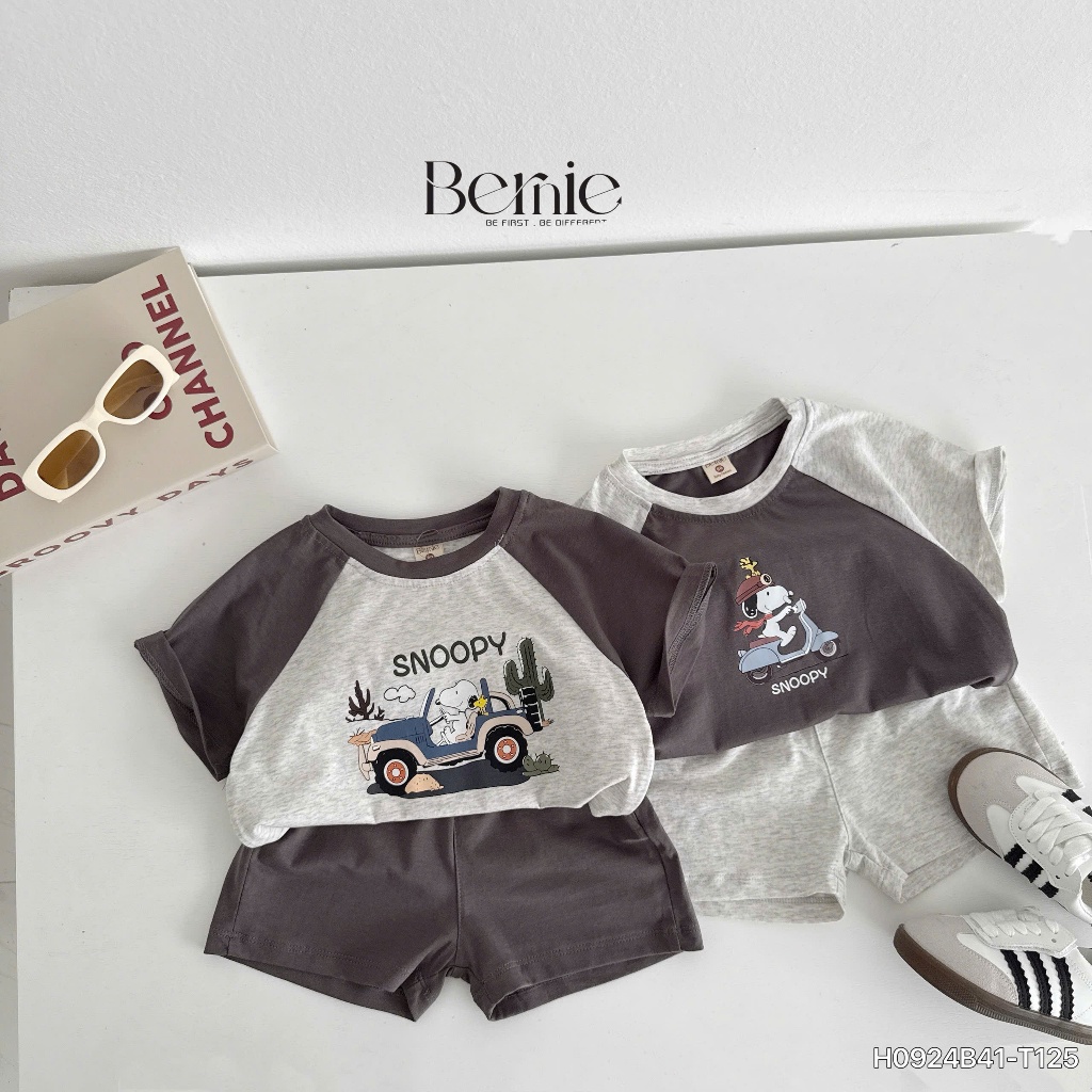 (Hãng Bernie)Bộ quần áo cộc tay hoạ tiết SNOOPY , chất vải cotton co giãn , mềm mại cho bé trai đi học đi chơi