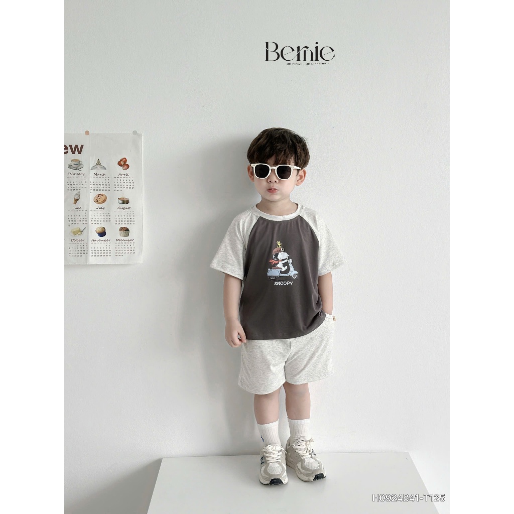 (Hãng Bernie)Bộ quần áo cộc tay hoạ tiết SNOOPY , chất vải cotton co giãn , mềm mại cho bé trai đi học đi chơi