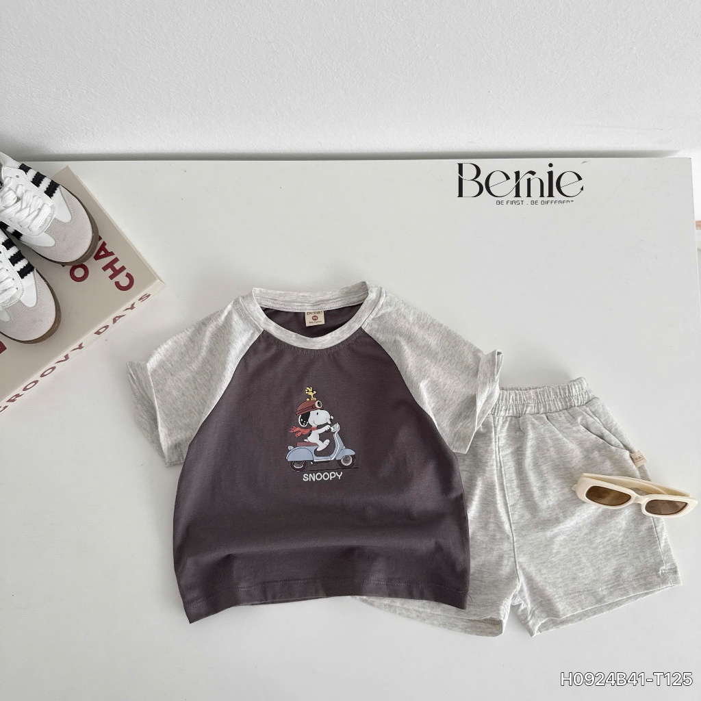 (Hãng Bernie)Bộ quần áo cộc tay hoạ tiết SNOOPY , chất vải cotton co giãn , mềm mại cho bé trai đi học đi chơi