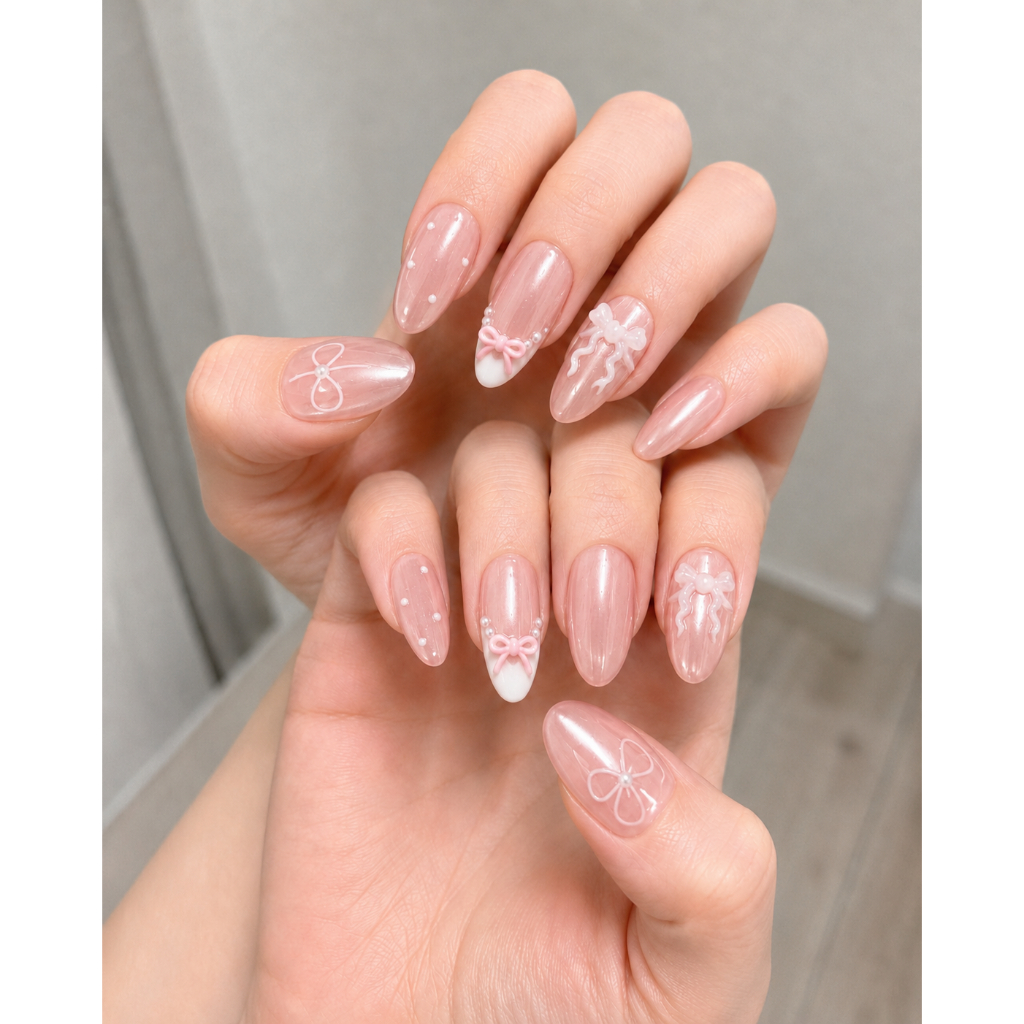 [D05] Móng tay giả sẵn keo, nailbox mắt mèo sơn hồng đính nơ sang chảnh đi tiệc TẶNG KÉO DÁN TẠI NHÀ