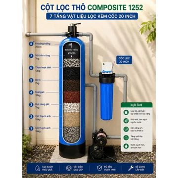 Bộ cột lọc thô Composite 1252 full vật liệu lọc van kèm 3 ngã Φ34