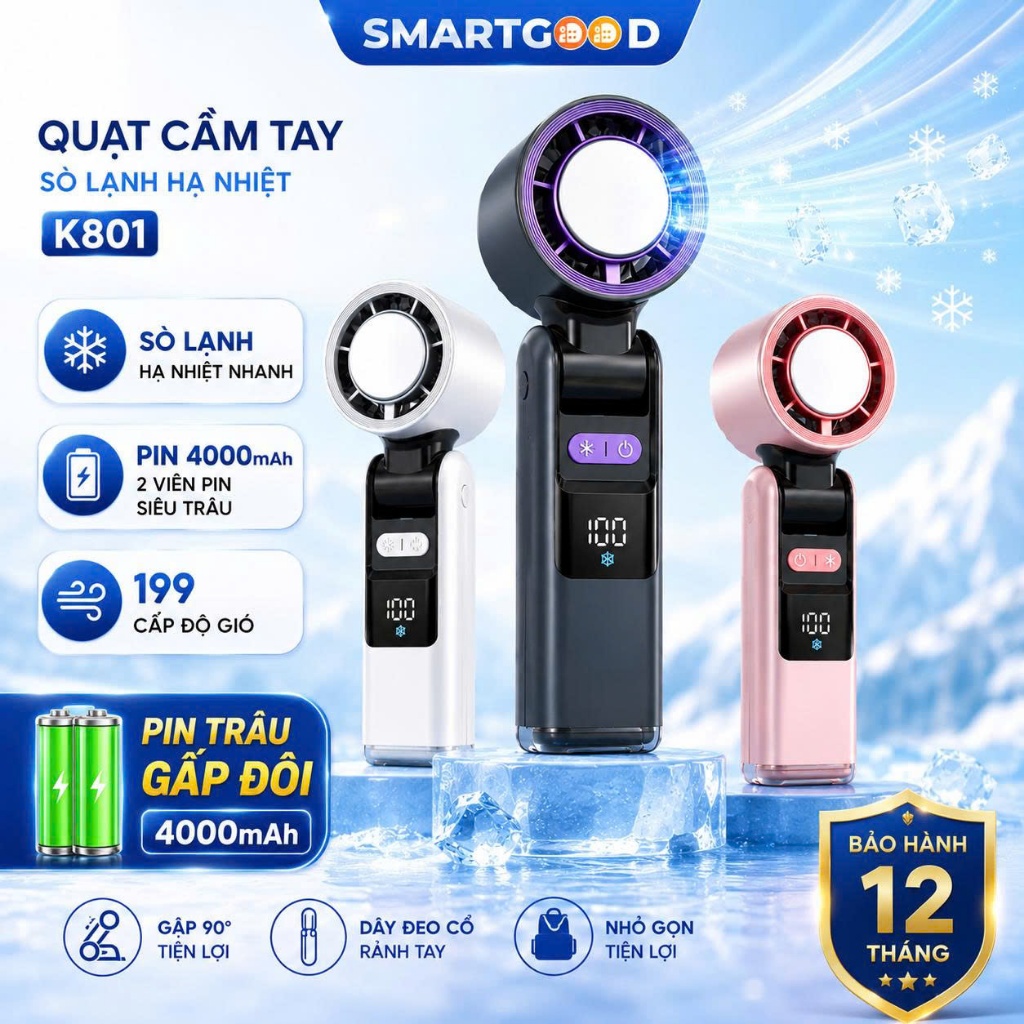 Quạt Cầm Tay Turbo 2 Pin 4000mAh, Pin Trâu Dùng Lâu, Màn Hình LED, Gió Mạnh Làm Mát Nhanh