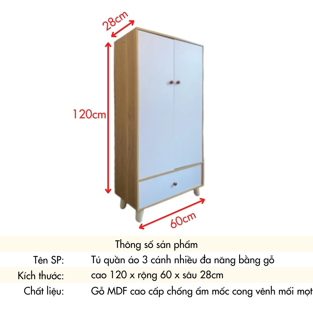 Tủ Quần Áo Trẻ Em 3 Cánh Forest Home, Tủ Gỗ Đựng Quần Áo Lắp Ghép Gỗ MDF Chống Nước, Kt 120x28x60cm