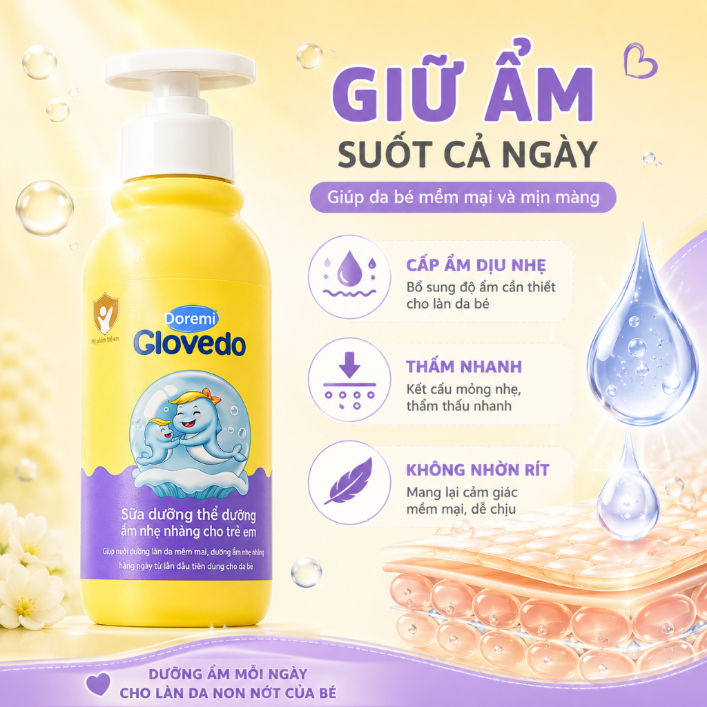 Sữa Dưỡng Thể Cho Bé Glovedo Dưỡng Ẩm Dịu Nhẹ, An Toàn Cho Da Nhạy Cảm, Trẻ Sơ Sinh Có Thể Dùng
