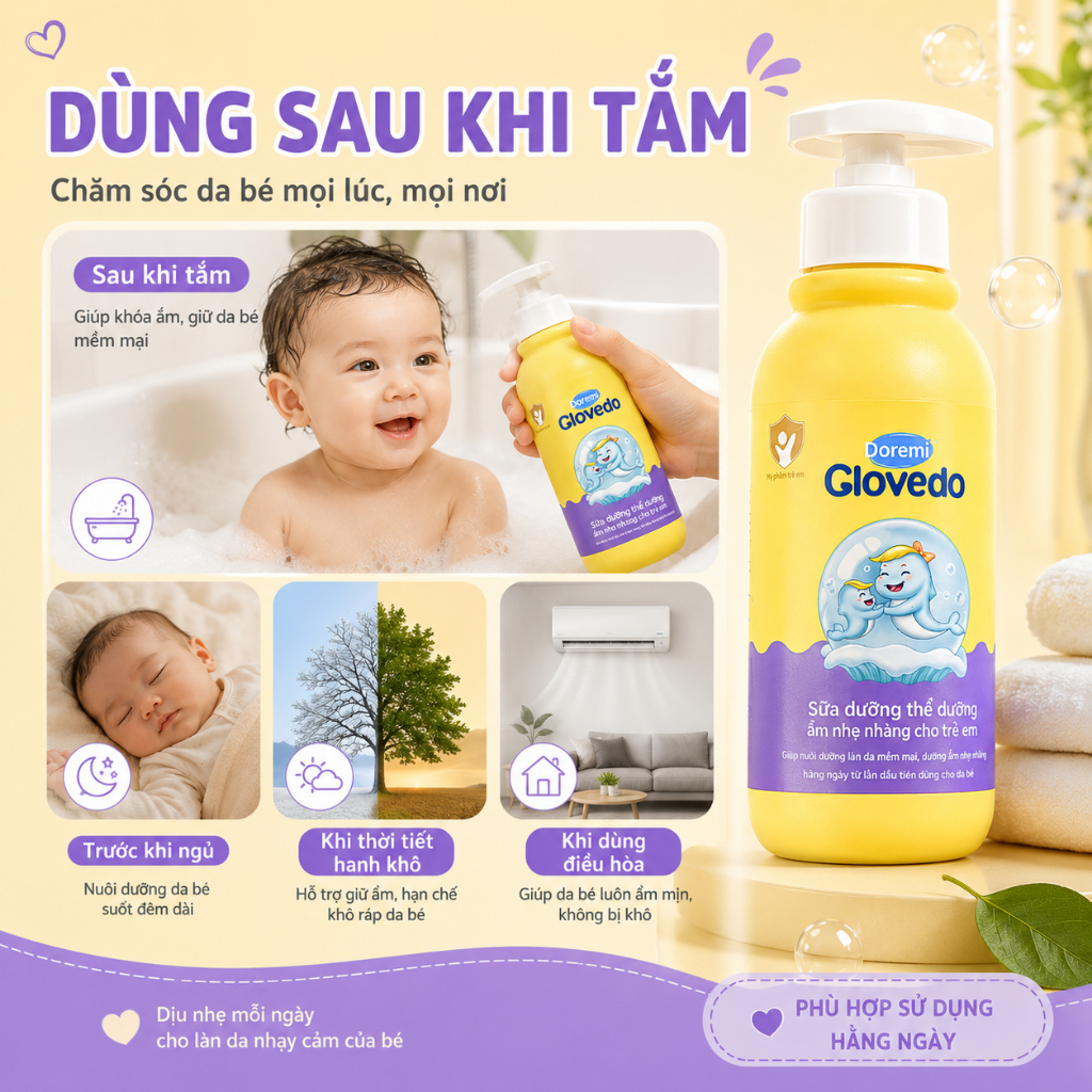 Sữa Dưỡng Thể Cho Bé Glovedo Dưỡng Ẩm Dịu Nhẹ, An Toàn Cho Da Nhạy Cảm, Trẻ Sơ Sinh Có Thể Dùng