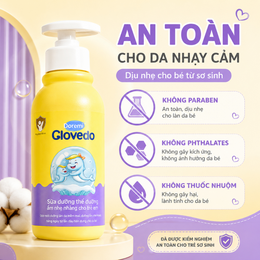Sữa Dưỡng Thể Cho Bé Glovedo Dưỡng Ẩm Dịu Nhẹ, An Toàn Cho Da Nhạy Cảm, Trẻ Sơ Sinh Có Thể Dùng