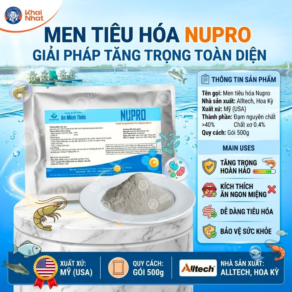 Men tiêu hóa Nupro cho Thủy sản (500g/gói) - Chất đạm cao 40% giúp vật nuôi tăng trọng nhanh