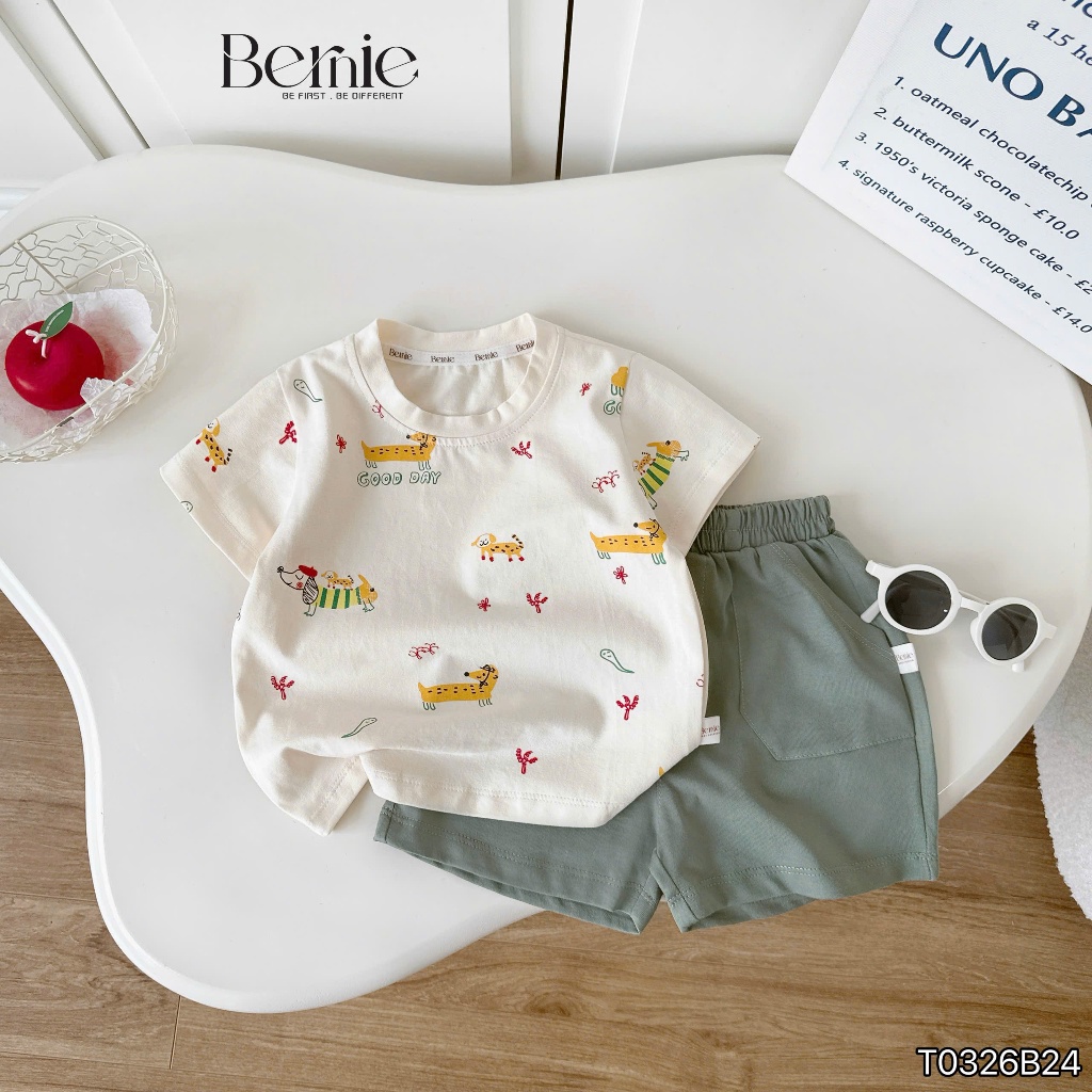 (Hãng Bernie)Bộ quần áo cộc tay hoạ tiết PUPPY GOOD, chất vải cotton co giãn kèm quần short mềm mại cho bé trai đi học