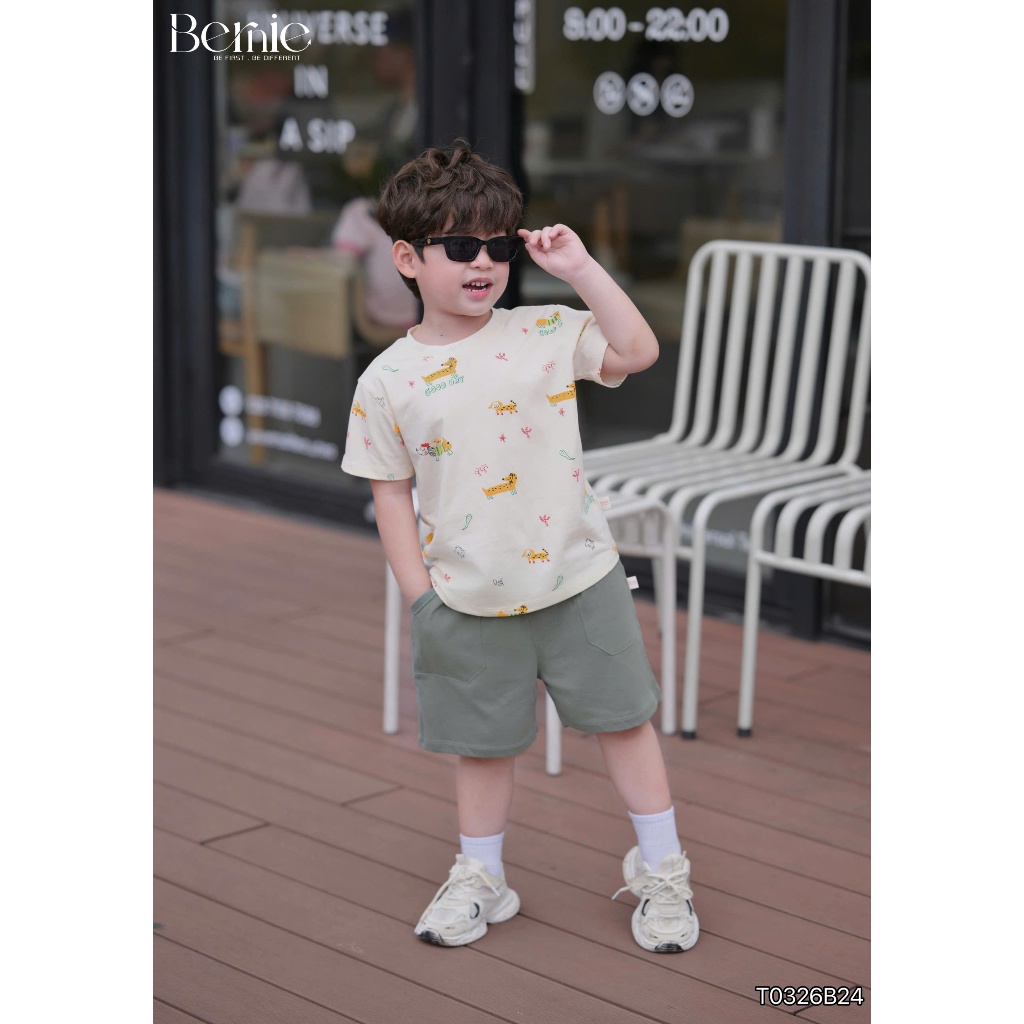 (Hãng Bernie)Bộ quần áo cộc tay hoạ tiết PUPPY GOOD, chất vải cotton co giãn kèm quần short mềm mại cho bé trai đi học