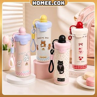 Homee.cok Bình Nước Giữ Nhiệt Inox Dễ Thương - Bình Nước Có Dây Đeo, Chống Tràn, Nhỏ Gọn Tiện Mang Theo