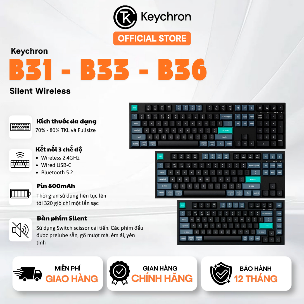 Bàn phím Keychron Silent Wireless B31, B33, B36 - Kết nối 3 chế độ, Pin lên tới 320 giờ - Bảo hành 12 tháng | BigBuy360 - bigbuy360.vn