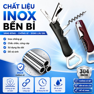 Dụng Cụ Mở Rượu Vang 4 Trong 1 Đa Năng, Khui Bia Inox, Dao Cắt Seal Mở Nút Chai