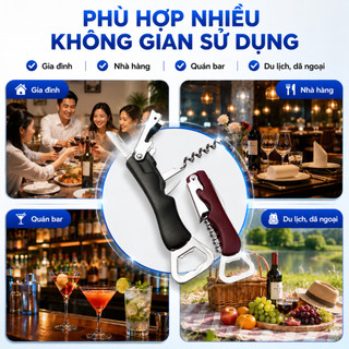 Dụng Cụ Mở Rượu Vang 4 Trong 1 Đa Năng, Khui Bia Inox, Dao Cắt Seal Mở Nút Chai