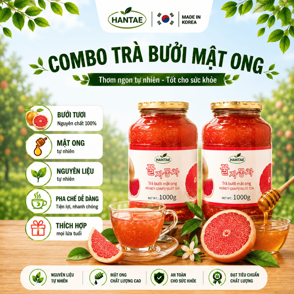 (Vị nhẫn đắng )Combo 2 Trà (Mứt) Bưởi Mật Ong Hàn Quốc Hantae