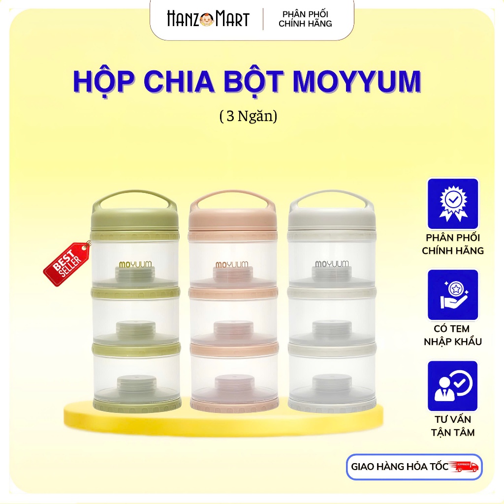 Hộp nhựa chia sữa bột 3 ngăn Moyuum cho bé 8x8x18cm, bộ trữ sữa chống ẩm Hàn Quốc