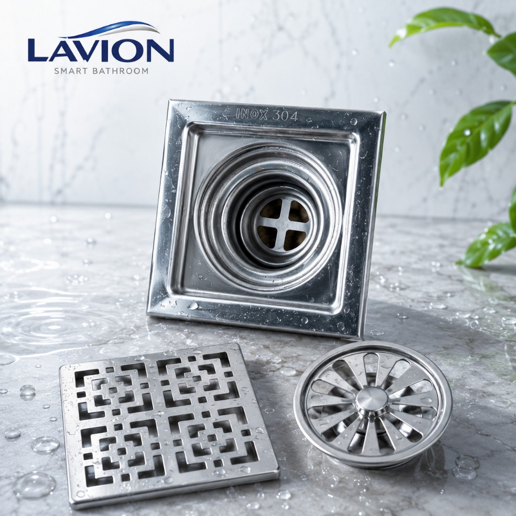 PHỄU THOÁT SÀN VUÔNG 12x12 INOX 304 – SỬ DỤNG ỐNG THOÁT PHI 90 – THOÁT NƯỚC NHANH