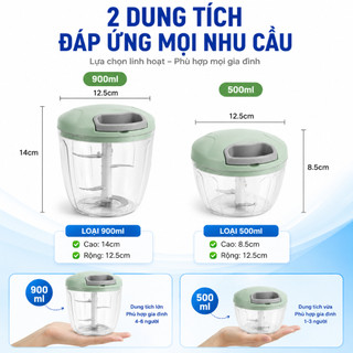Dụng Cụ Xay Thực Phẩm Cầm Tay Mini 500ml/900ml, Máy Xay Tỏi Ớt Hành Rau Củ 3 Lưỡi Inox