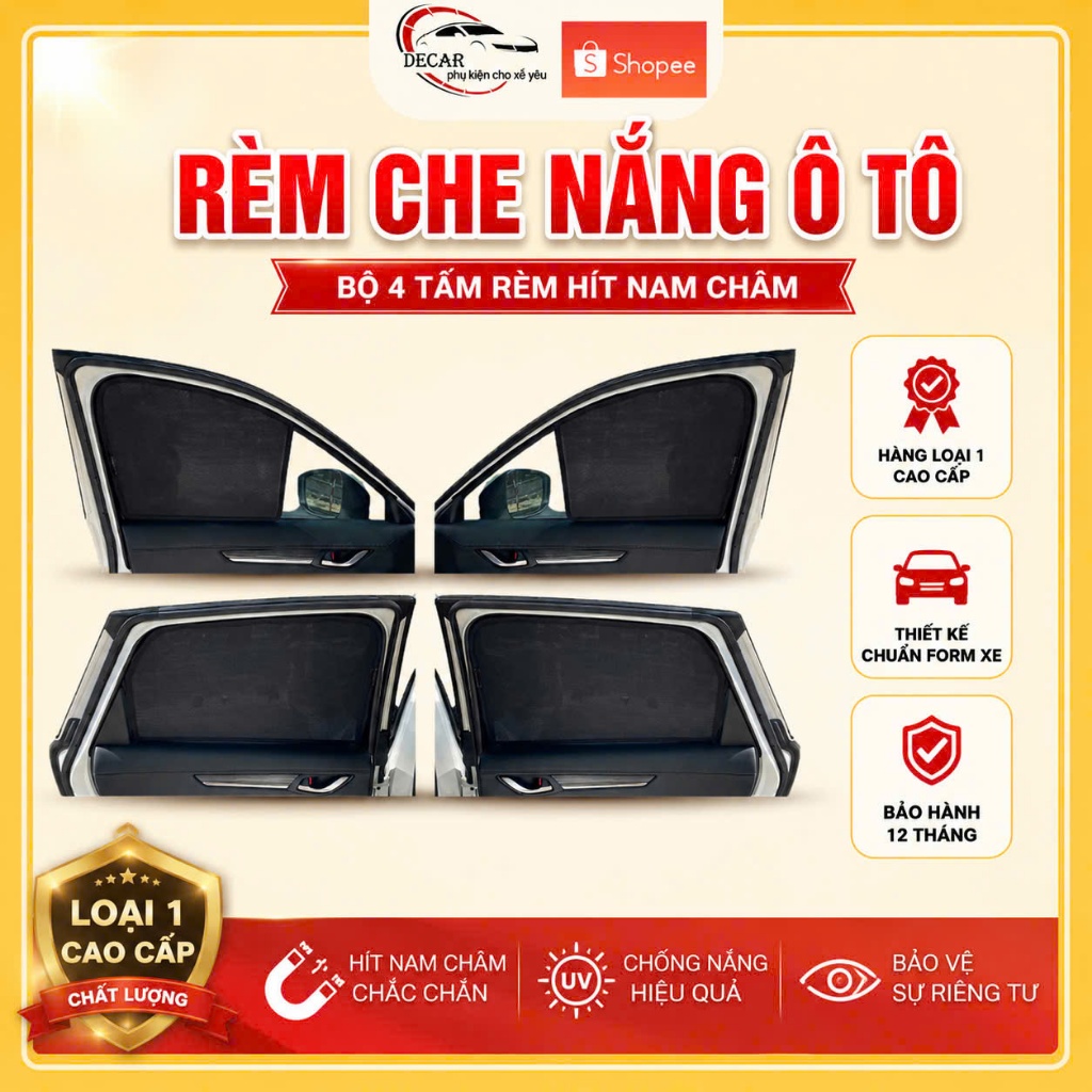 Rèm Che Nắng Ô Tô Hít Nam Châm DECAR Bộ 4 Tấm Rèm Chắn Nắng Cửa Kính Xe Ô Tô Chống UV Thiết Kế Theo Xe Loại 1