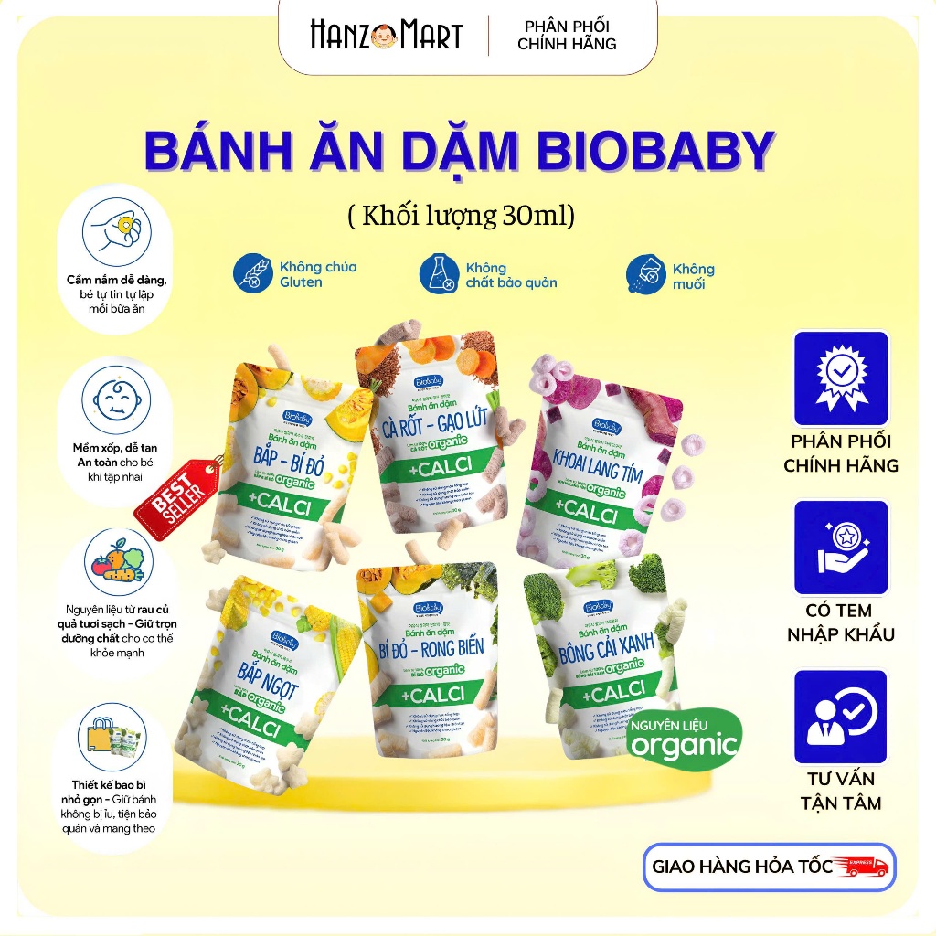 Bánh Ăn Dặm cho bé Biobaby bổ sung canxi và chất xơ hỗ trợ tiêu hóa cho bé từ 6 tháng, túi 30g