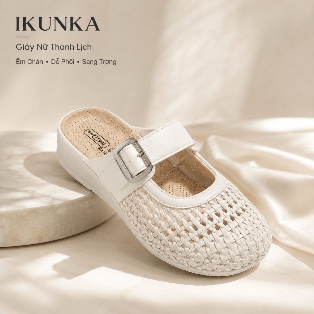 IKUNKA Dép Sục Nữ Đan Lát Bít Mũi Quai Khóa Giày Mule Nữ Đế Thấp Thoáng Khí Phối Váy Tiểu Thư Mới