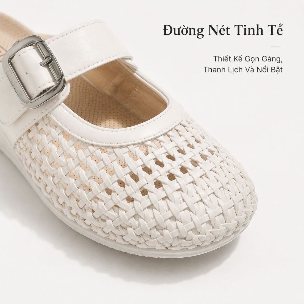 IKUNKA Dép Sục Nữ Đan Lát Bít Mũi Quai Khóa Giày Mule Nữ Đế Thấp Thoáng Khí Phối Váy Tiểu Thư Mới