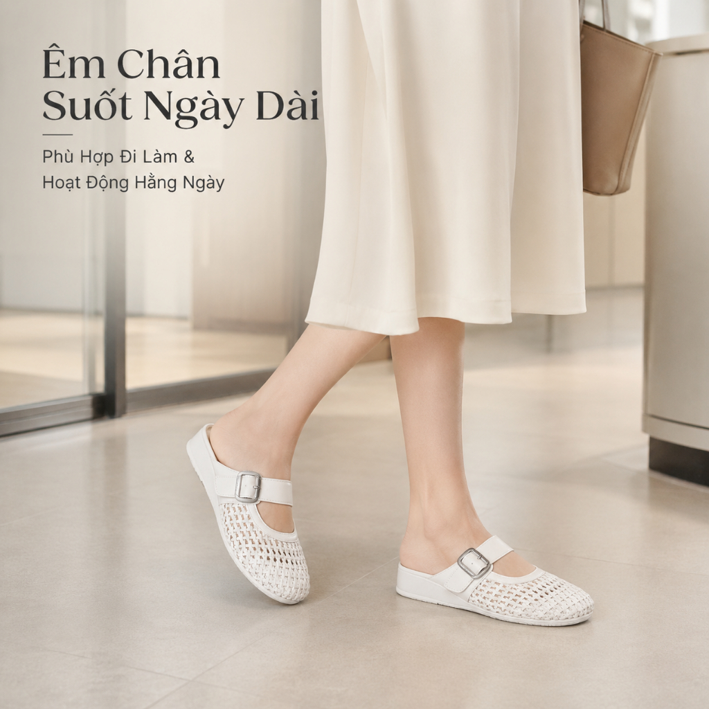 IKUNKA Dép Sục Nữ Đan Lát Bít Mũi Quai Khóa Giày Mule Nữ Đế Thấp Thoáng Khí Phối Váy Tiểu Thư Mới