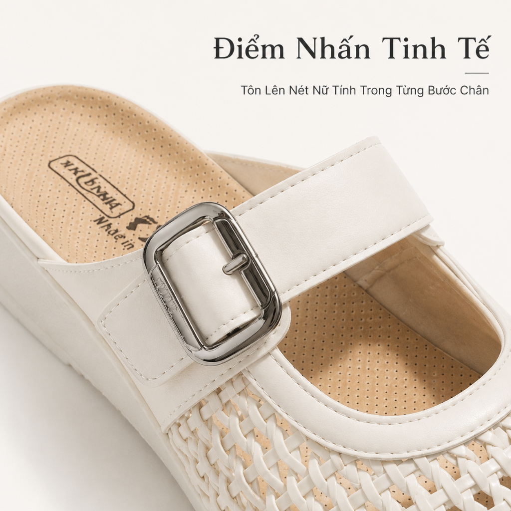 IKUNKA Dép Sục Nữ Đan Lát Bít Mũi Quai Khóa Giày Mule Nữ Đế Thấp Thoáng Khí Phối Váy Tiểu Thư Mới