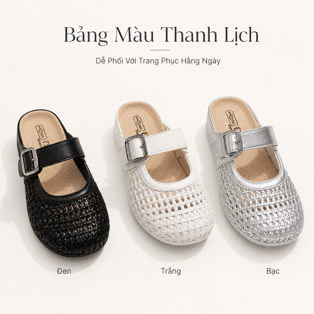 IKUNKA Dép Sục Nữ Đan Lát Bít Mũi Quai Khóa Giày Mule Nữ Đế Thấp Thoáng Khí Phối Váy Tiểu Thư Mới