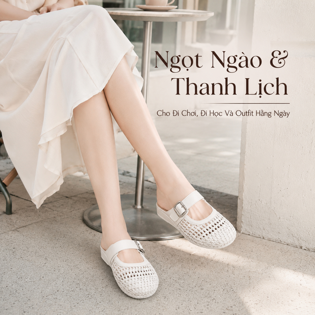 IKUNKA Dép Sục Nữ Đan Lát Bít Mũi Quai Khóa Giày Mule Nữ Đế Thấp Thoáng Khí Phối Váy Tiểu Thư Mới