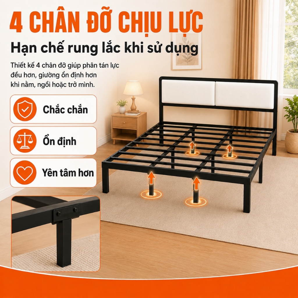 Giường sắt CONOCO khung thép chắc chắn đầu bọc êm phòng ngủ 100-180cm màu đen