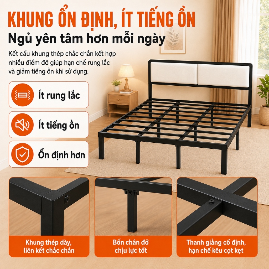 Giường Sắt Khung Thép Dày Dặn CONOCO Chân 5x5cm Nan Dày Êm Ái Cho Phòng Ngủ Màu Đen