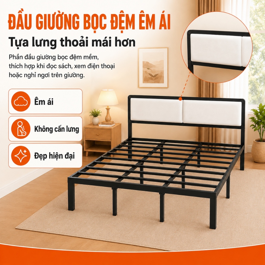 Giường sắt CONOCO khung thép chắc chắn đầu bọc êm phòng ngủ 100-180cm màu đen