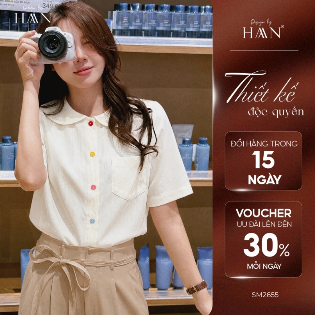 Áo Sơ Mi Nữ Ngắn Tay Cổ Sen Màu Trắng Kem Mix Cúc Màu, Vải Thô Ướt Nhăn HAAN Design SM2655
