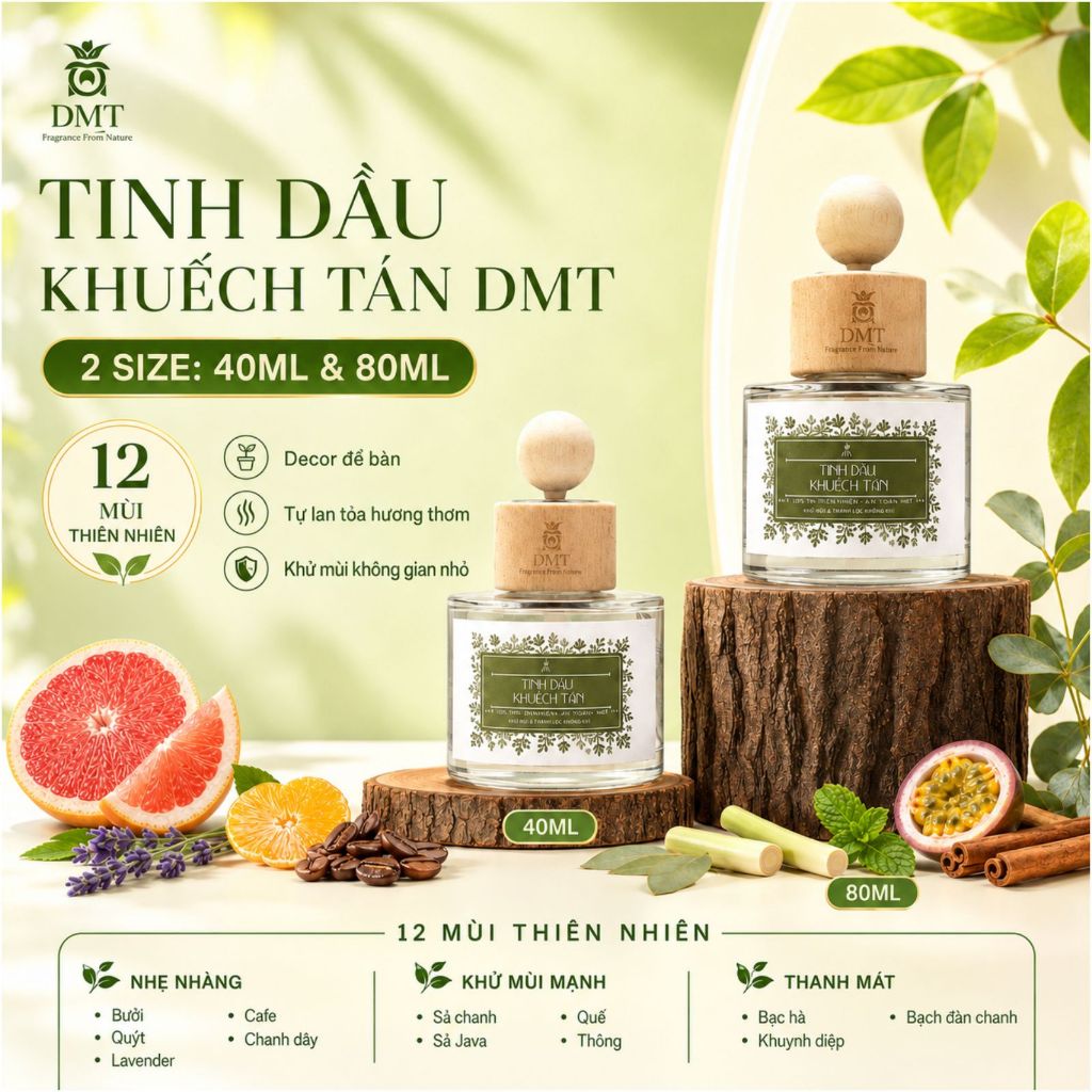 Tinh dầu khuếch tán 40ml - 80ml DMT, Tinh dầu khuếch tán thơm phòng kèm que gỗ, Khuếch tán tự nhiên