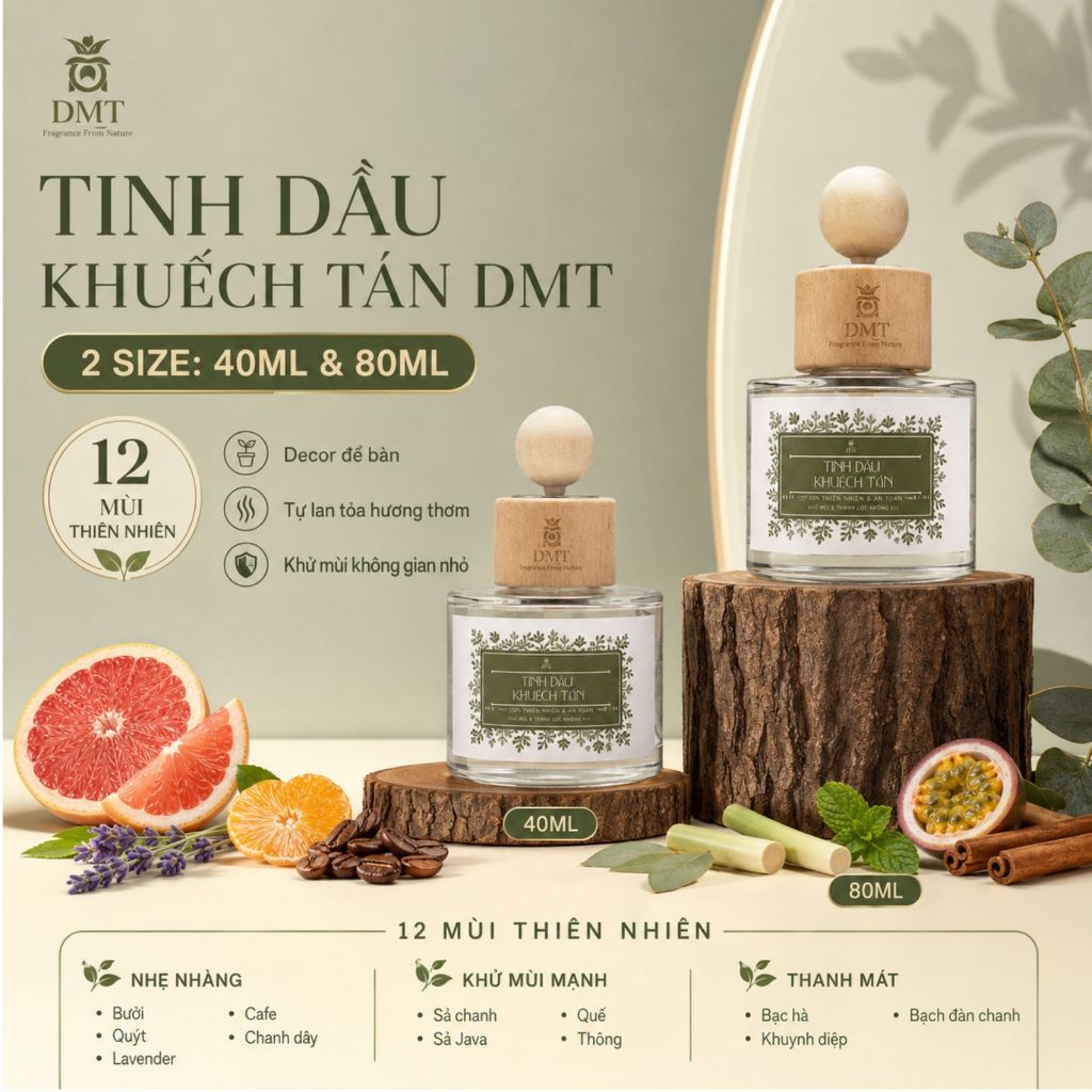 Tinh dầu khuếch tán 40ml - 80ml DMT, Tinh dầu khuếch tán thơm phòng kèm que gỗ, Khuếch tán tự nhiên