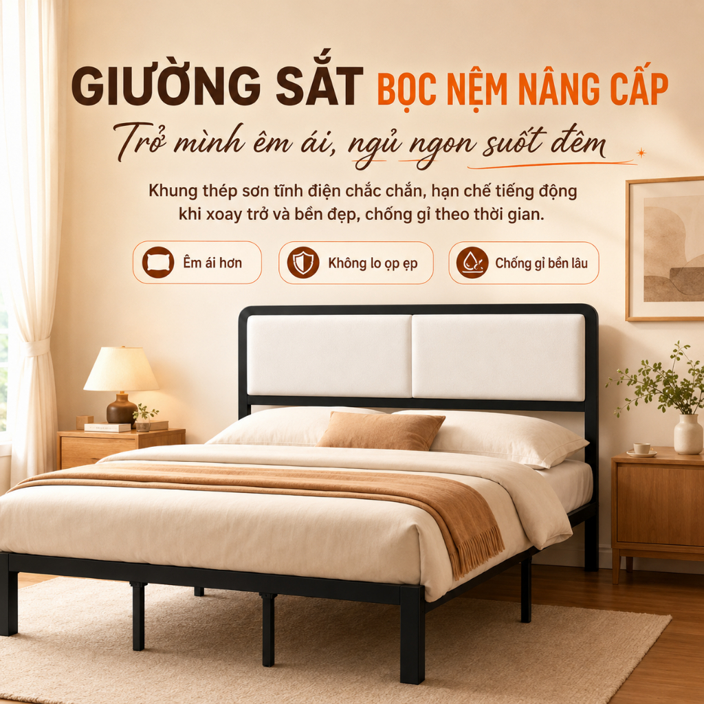 Giường sắt CONOCO khung thép chắc chắn đầu bọc êm phòng ngủ 100-180cm màu đen