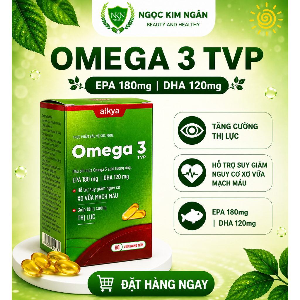 Omega 3 TVP Aikya – Dầu Cá EPA 180mg DHA 120mg, Hộp 60 Viên Nang Mềm