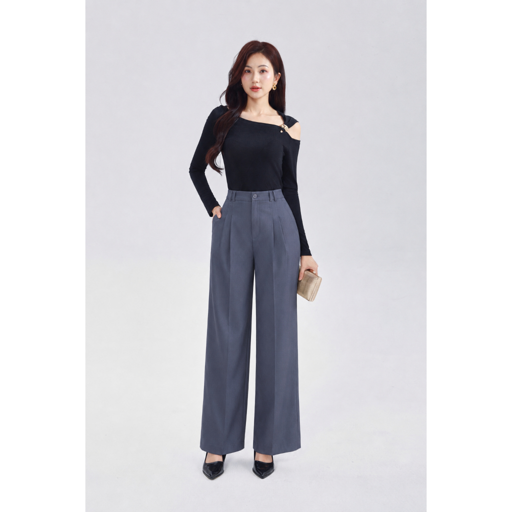 Quần Tây Nữ Ống Rộng GUMAC Xếp 2 Ly Túi Xéo Lưng Cao Chất Chéo Hàn Đứng Form Thanh Lịch LQG05069