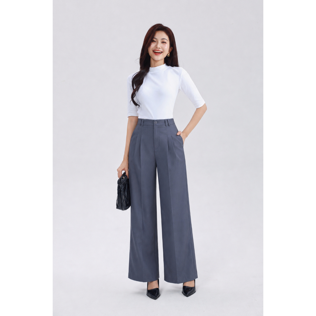 Quần Tây Nữ Ống Rộng GUMAC Xếp 2 Ly Túi Xéo Lưng Cao Chất Chéo Hàn Đứng Form Thanh Lịch LQG05069