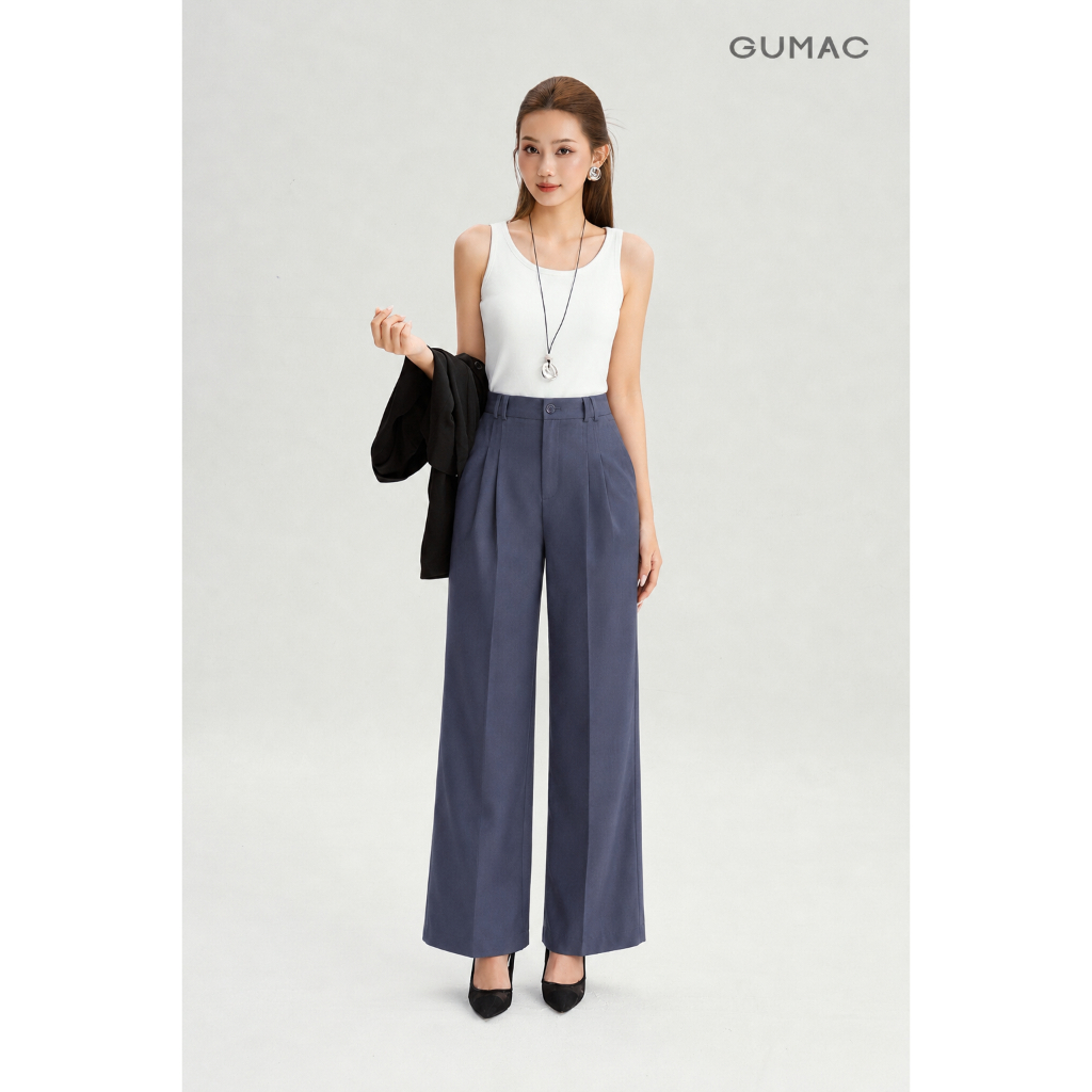 Quần Tây Nữ Ống Rộng GUMAC Xếp 2 Ly Túi Xéo Lưng Cao Chất Chéo Hàn Đứng Form Thanh Lịch LQG05069