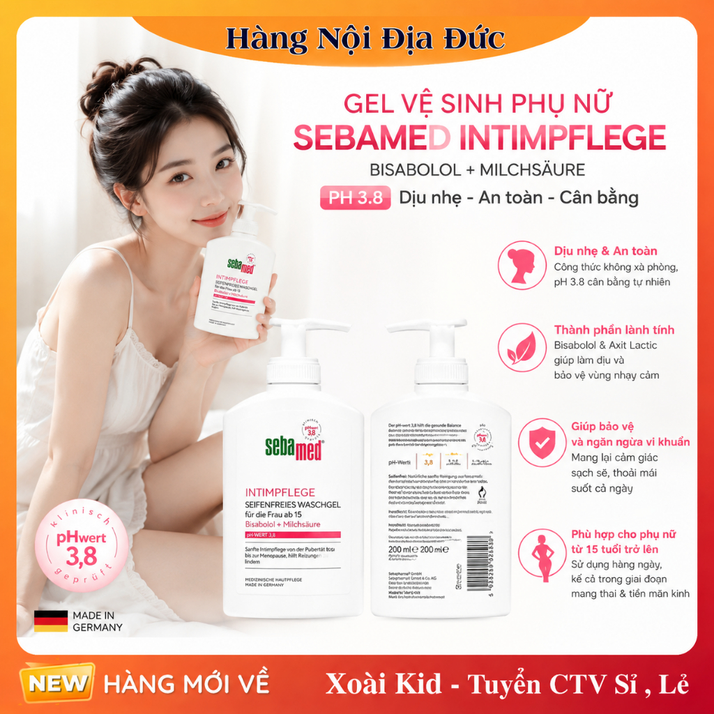 [Nội địa Đức ] Dung dịch vệ sinh phụ nữ SEBAMED pH3.8 200ml làm sạch nhẹ nhàng an toàn cho cả mẹ bầu và mẹ sau sinh
