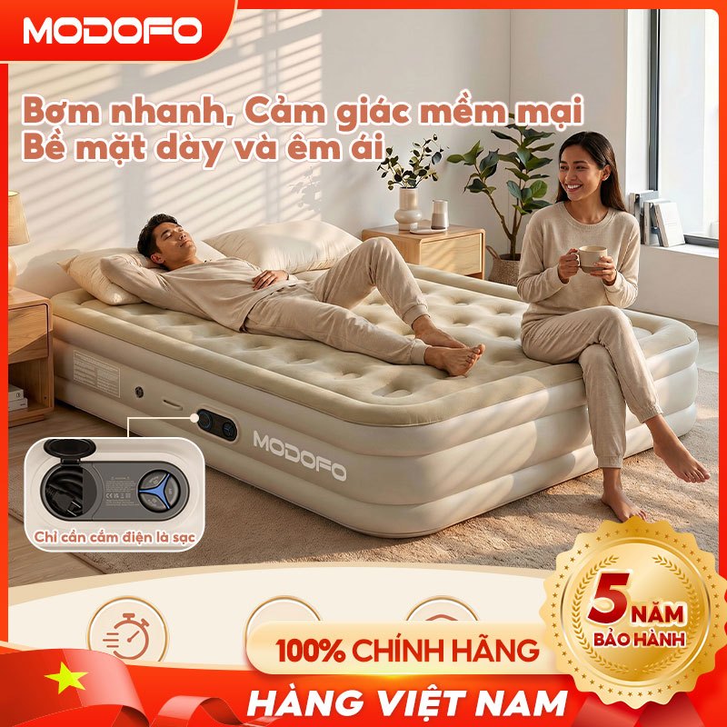 MODOFO nệm hơi, bơm điện tích hợp, cao 40cm, đệm hơi PVC dày phủ nhung, gấp gọn, dùng cho khách và gia đình